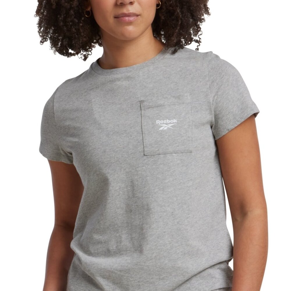 NWT Reebok Women's Active Small-Logo Pocket Cotton T-Shirt - Medium Grey